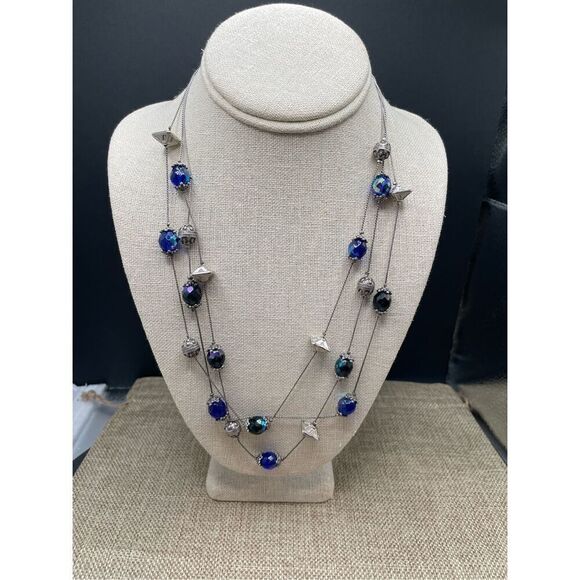 Chico’s Blue and Silver Beaded Multi strand Necklace Adjustable - Picture 5 of 5